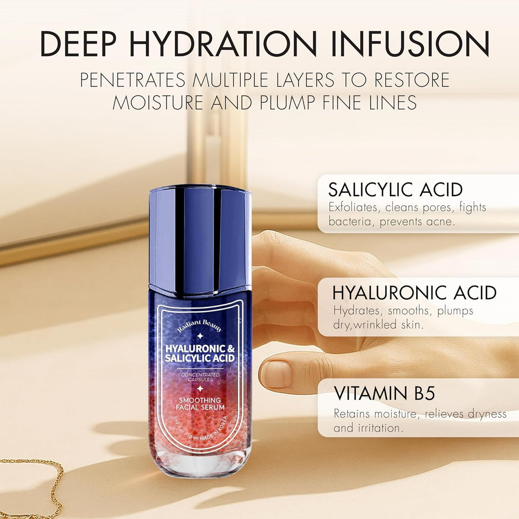 Hyaluronic Acid Facial Serum - Anti-Aging, Deep Hydration, Smooths & Cleanses - Salicylic Acid for Pore Cleansing - Dermatologist Tested, Korean Skin Care - 1.69 FL.OZ.