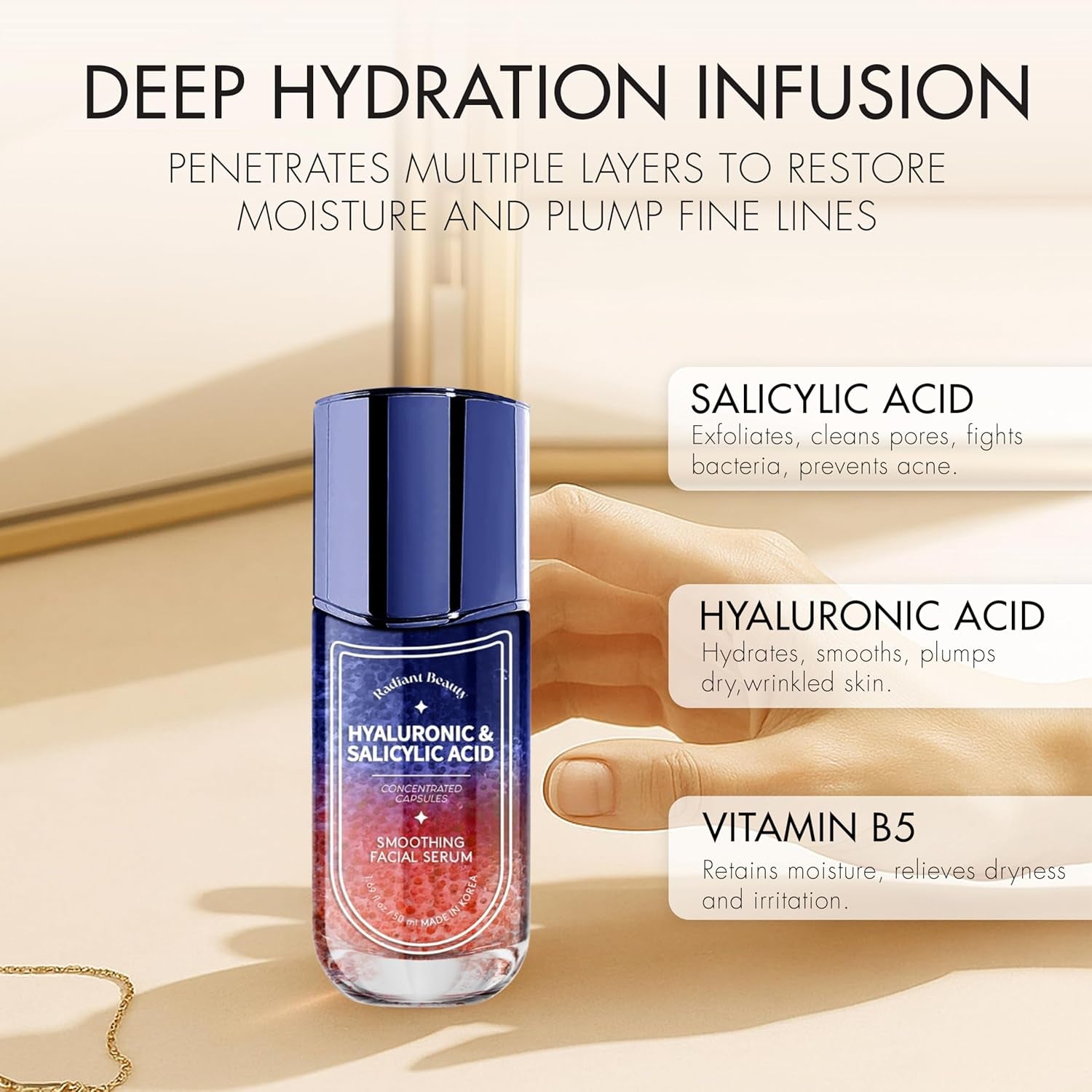 Hyaluronic Acid Facial Serum - Anti-Aging, Deep Hydration, Smooths & Cleanses - Salicylic Acid for Pore Cleansing - Dermatologist Tested, Korean Skin Care - 1.69 FL.OZ.